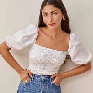 Reformation Mulberry White Puff Sleeve Blouse XS
